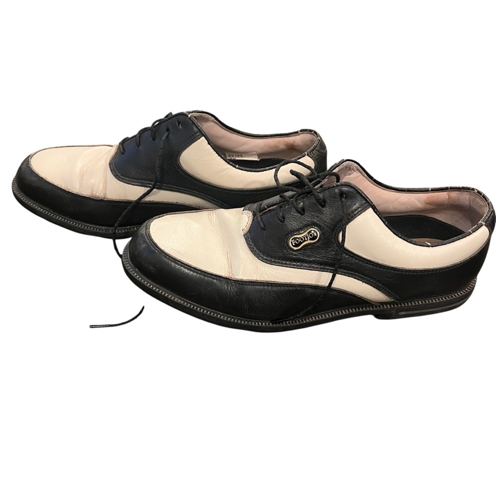 FootJoy Black and Cream Oxfords DryJoys Golf Shoes Size 8 Leather Saddle Spiked